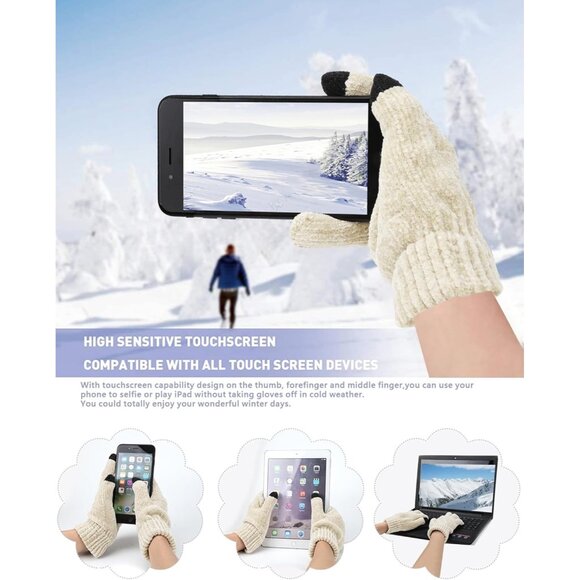 Winter Beanie Hat Scarf Gloves Set for Women and Men White Warm Knit Gift Idea - Picture 3 of 6